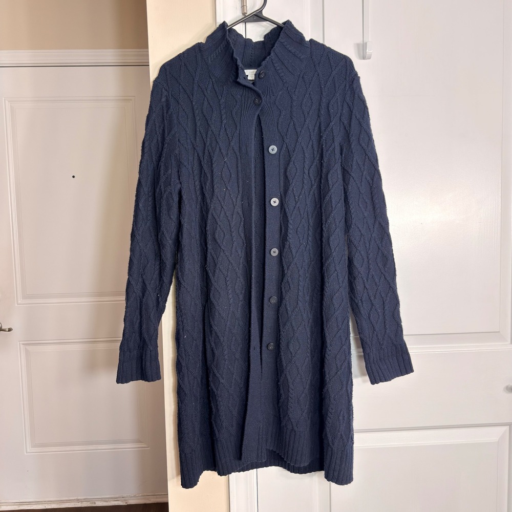 J. Jill Cable Knit Longline Duster Cardigan Sweater Navy Blue Mock Neck Size M